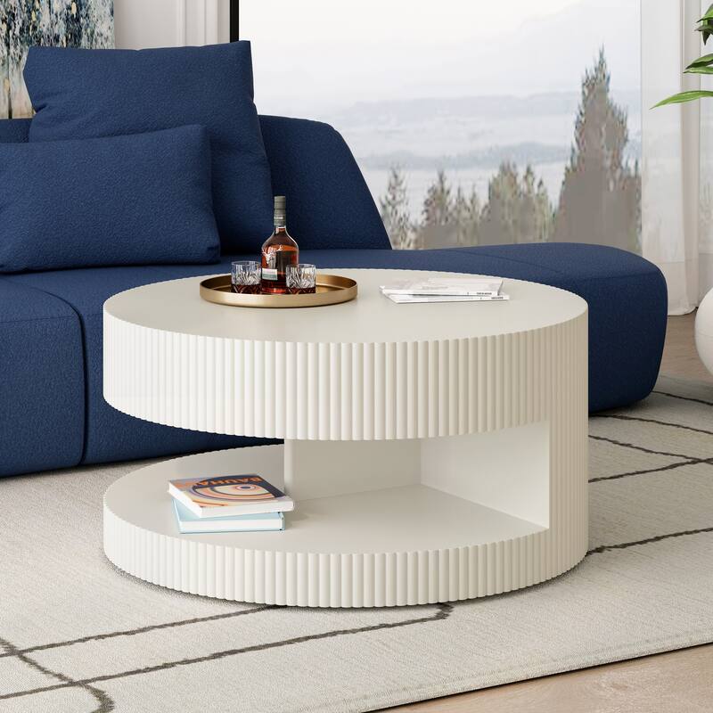 31.5" Modern 2-Tier Round Coffee Table, Center Table with Storage and Bottom Legs for Living Rooms, White