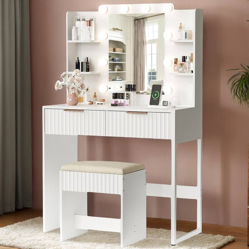 Particle Board Veneered with Textured Melamine, 2-drawer 4-Shelf, comes with 10 Three-color Dimmable Bulbs, Dressing Table Set