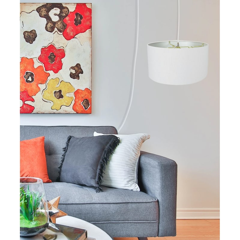 1 Light Swag Plug-In Pendant 16"w White Linen Drum Shade, 17' White Cord