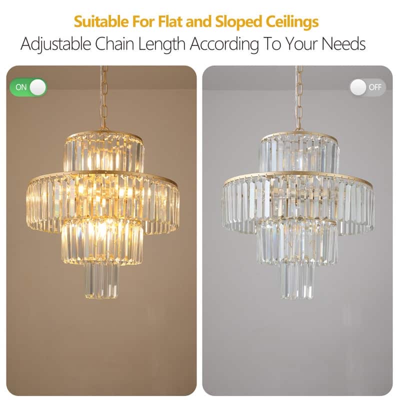 20-Inch Luxury Four-Tier Crystal Chandelier, 12-Light Gold Frame Pendant Ceiling Light, Elegant Illumination(No Bulbs) - 20"