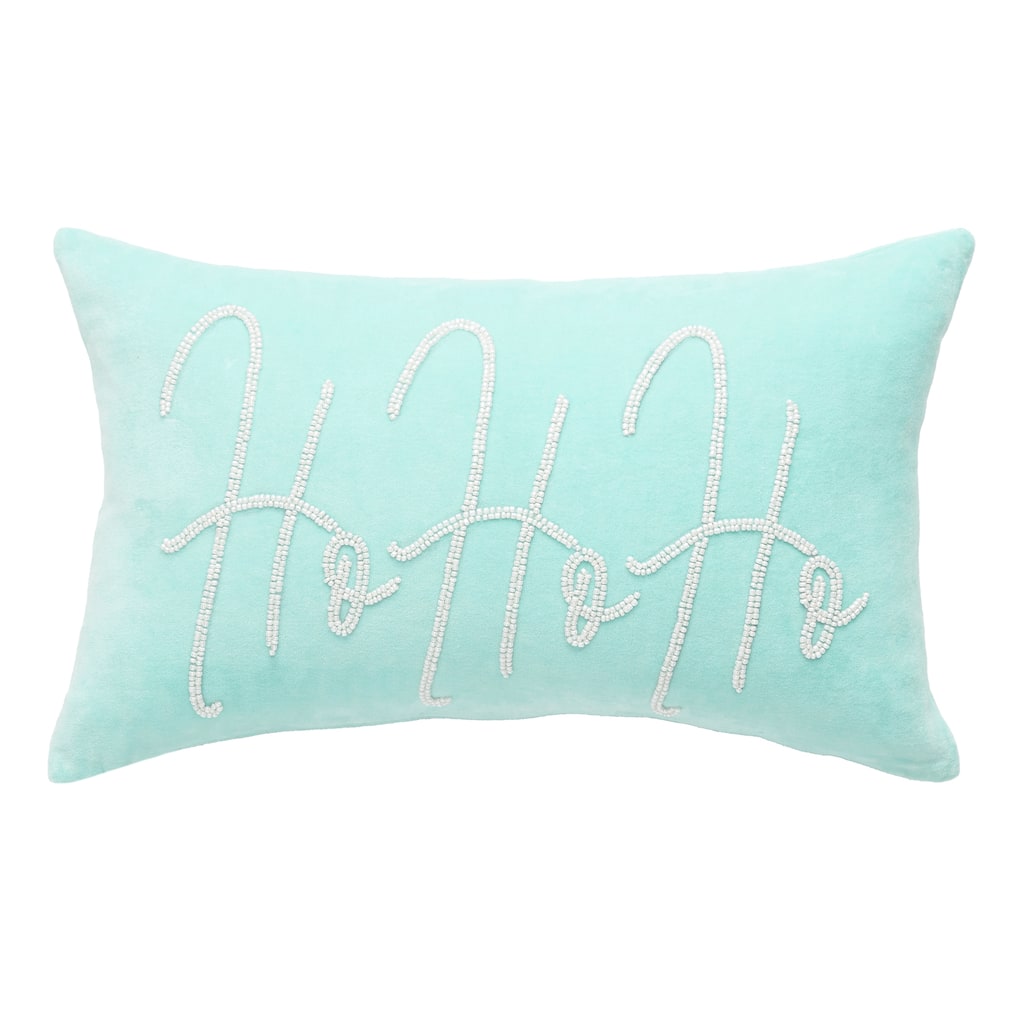Ho Ho Ho Sky Blue Velvet Beaded Throw Pillow