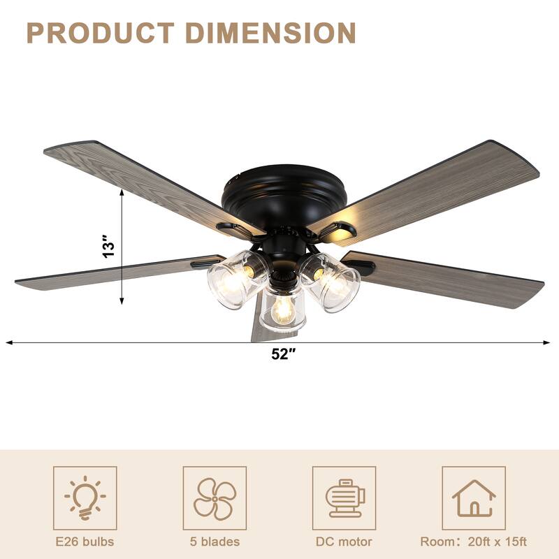 Bella Depot 52" 3-Light Brown Flush Mount Ceiling Fan with Light and Remote Control 6-speed Reversible Timer DC Motor