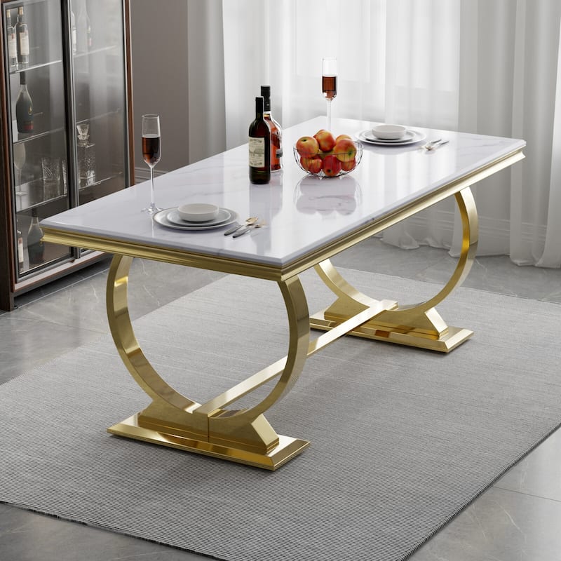 Luxury Dining Table with Polished Metal Circle Base - 72 Inch - White