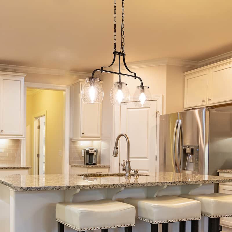 Modern Black 3-Light Linear Seeded Glass Chandelier Island Lights for Dining Room - L25"x W 5"x H 14"