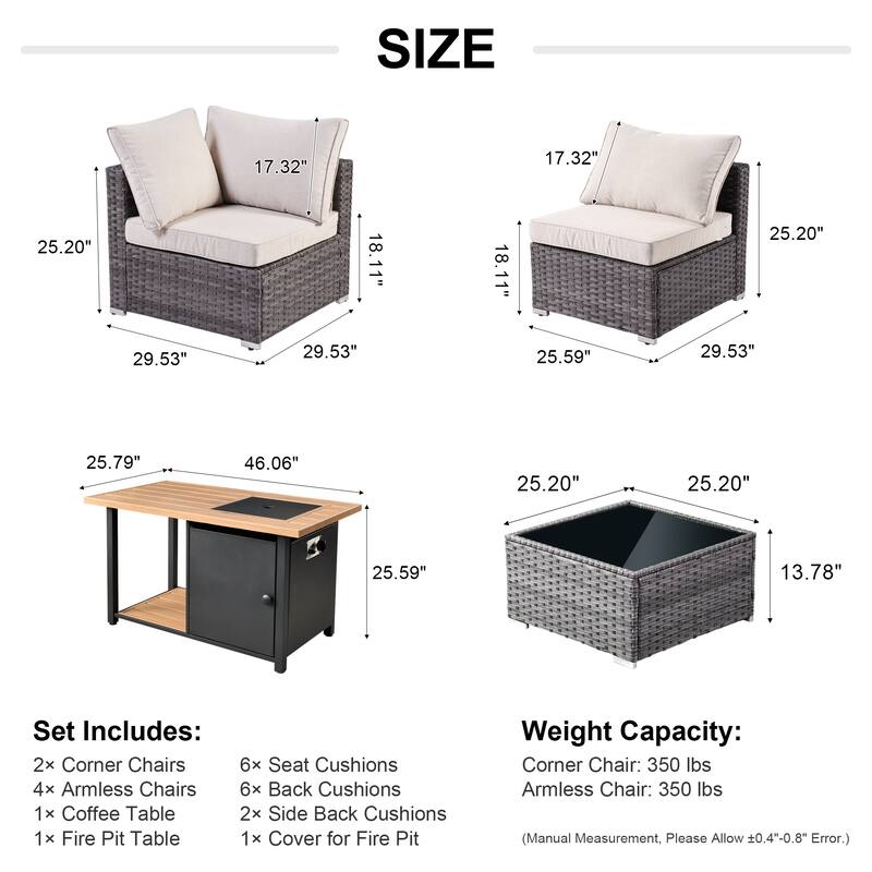 XIZZI 8-piece Outdoor Furniture Patio Wicker Sofa Set with Fire Pit