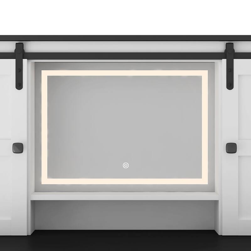 43" White Make-up Vanity Desk with Mirror and Lights for Bedroom, Farmhouse Dressing Table with Charging Station