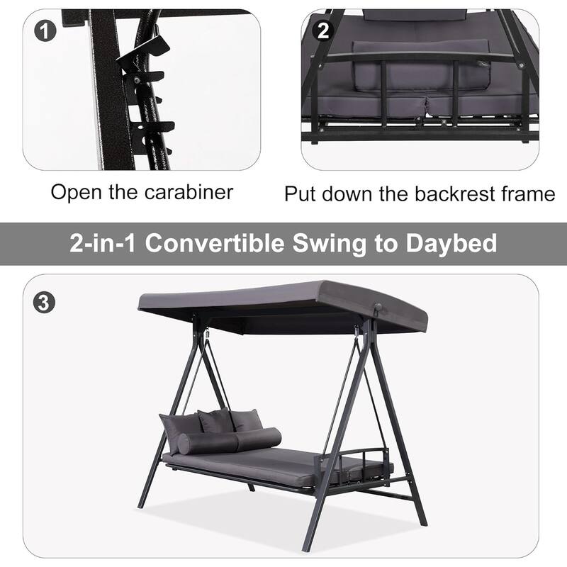 PURPLE LEAF 3-seat Outdoor Patio Porch Swing Adjustable Backrest, Cushions and Pillow Included - N/A