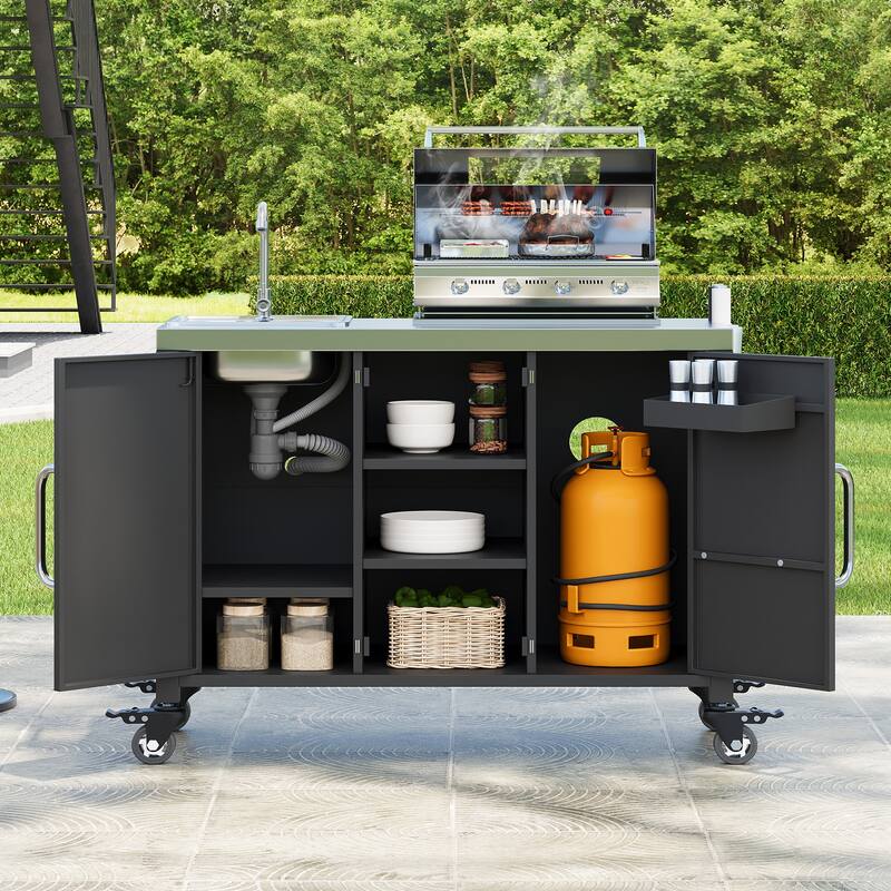 55.5" Outdoor Metal Kitchen Island with 304 Stainless Steel Sink & 4 Lockable Wheels