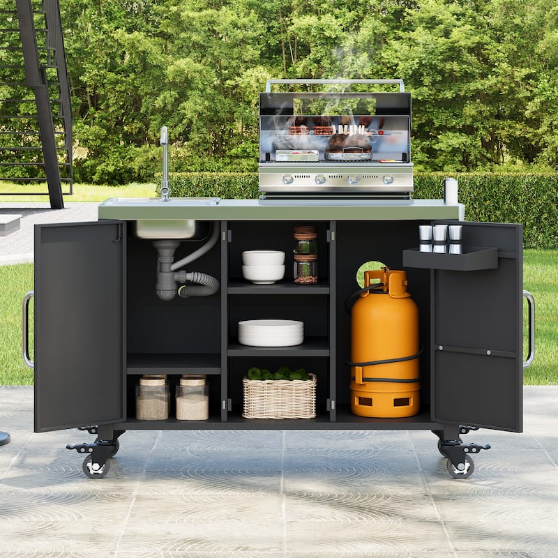 Metal Tabletop Kitchen Island with Stainless Steel Sink, Built-in Partition and Rolling Grill Cart, Pantry Storage Cabinet