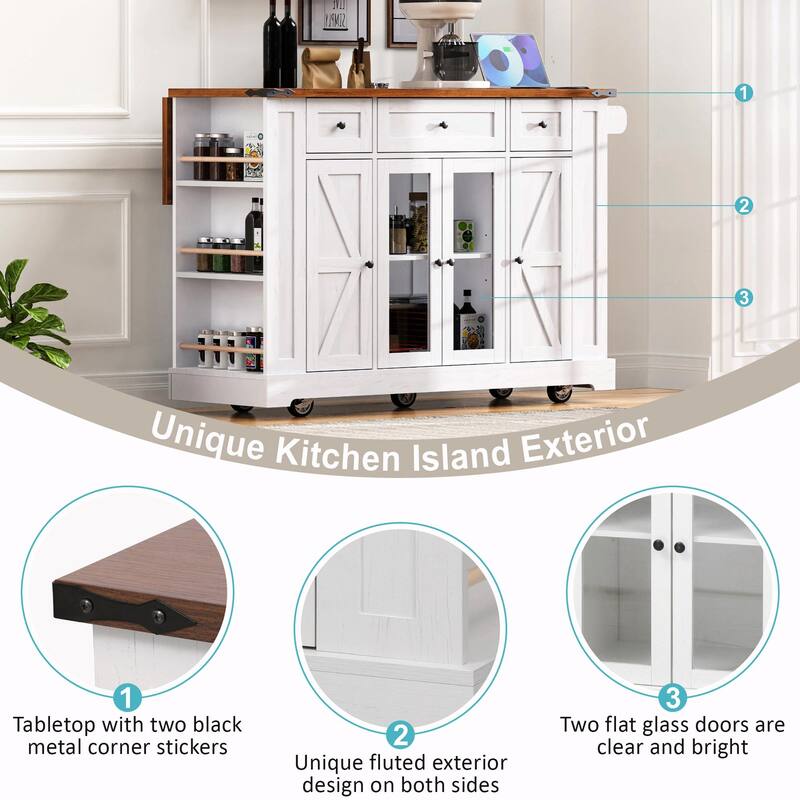 53'' Rolling Farmhouse Kitchen Island - Two Glass Cabinet Doors with Power Outlet