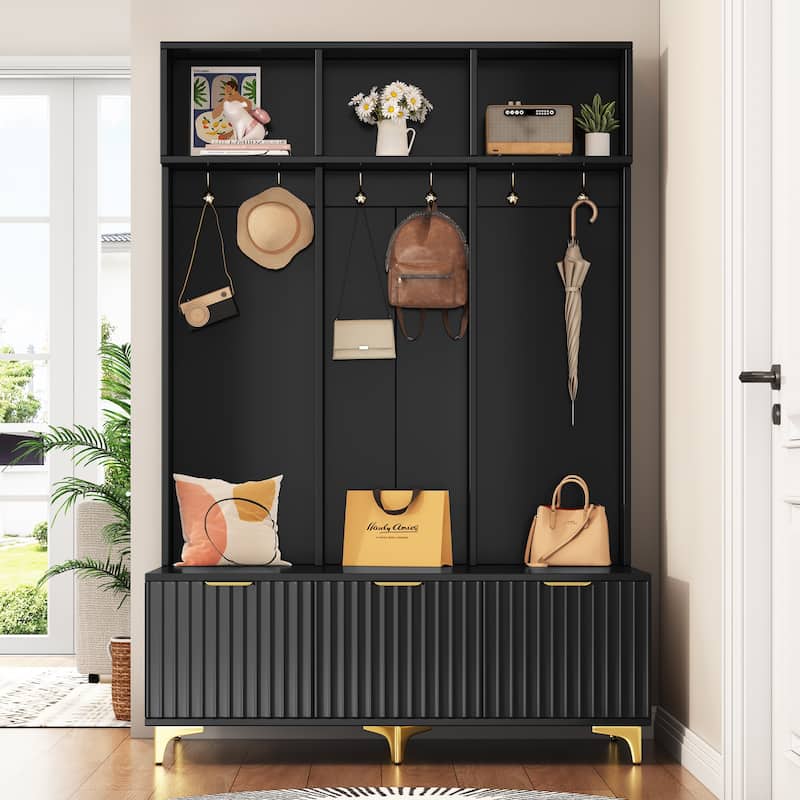 3-in-1 Hall Tree with Storage Bench & Shoe Storage, Glossy Fluted Cabinet Coat Rack with Gold Handles and Legs - Black+Gold