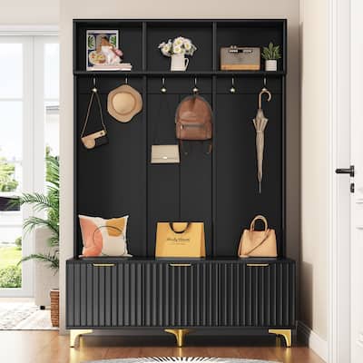 3-in-1 Hall Tree with Storage Bench & Shoe Storage, Glossy Fluted Cabinet Coat Rack with Gold Handles and Legs