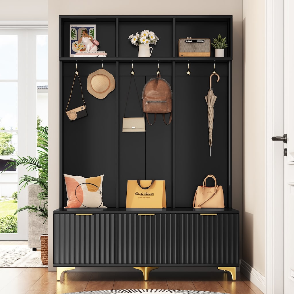 3-in-1 Hall Tree with Storage Bench & Shoe Storage, Glossy Fluted Cabinet Coat Rack with Gold Handles and Legs