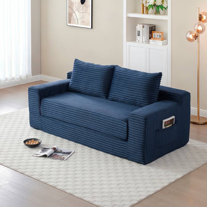 Floor Sofa Couch Blue Convertible Sofa Bed with Storage Pockets, Boneless Pull-Out Sofa Bed for Living Room