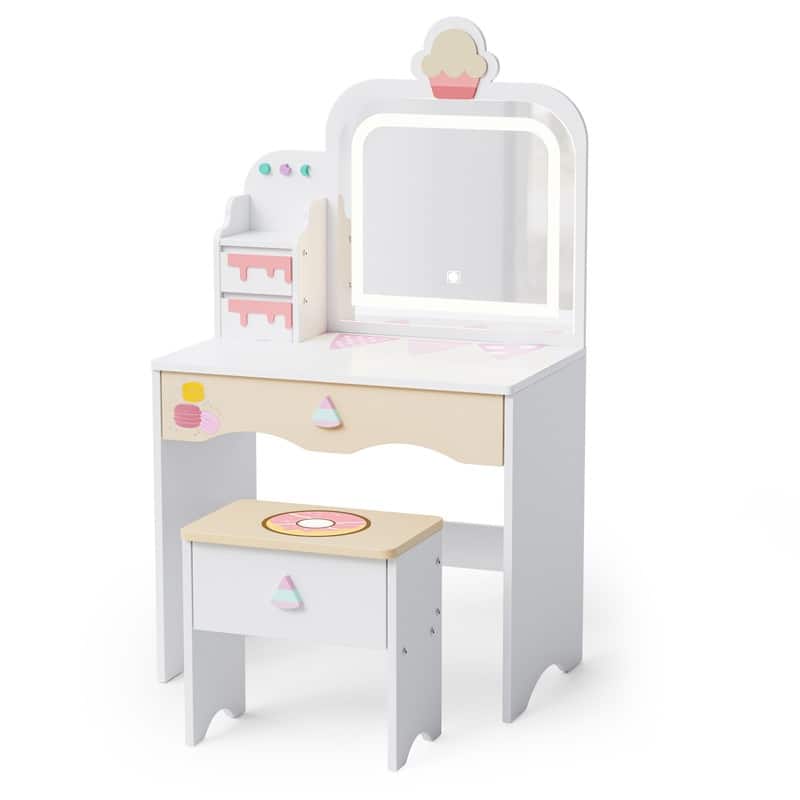 Kids Makeup Desk Vanity Table Set With Cloud-Like Lights And Drawer For Little Girls Ages 3-8 - N/A - White