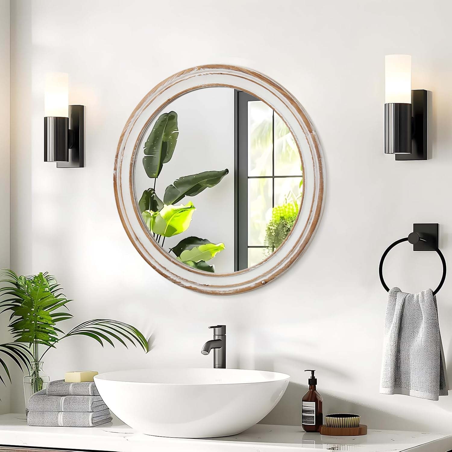 31.5 Inches Round Wall Mirror For Bathroom Vanity, Wooden Farmhouse Circle Mirrors,Whitewash Edge Decorative Mirror - N/A