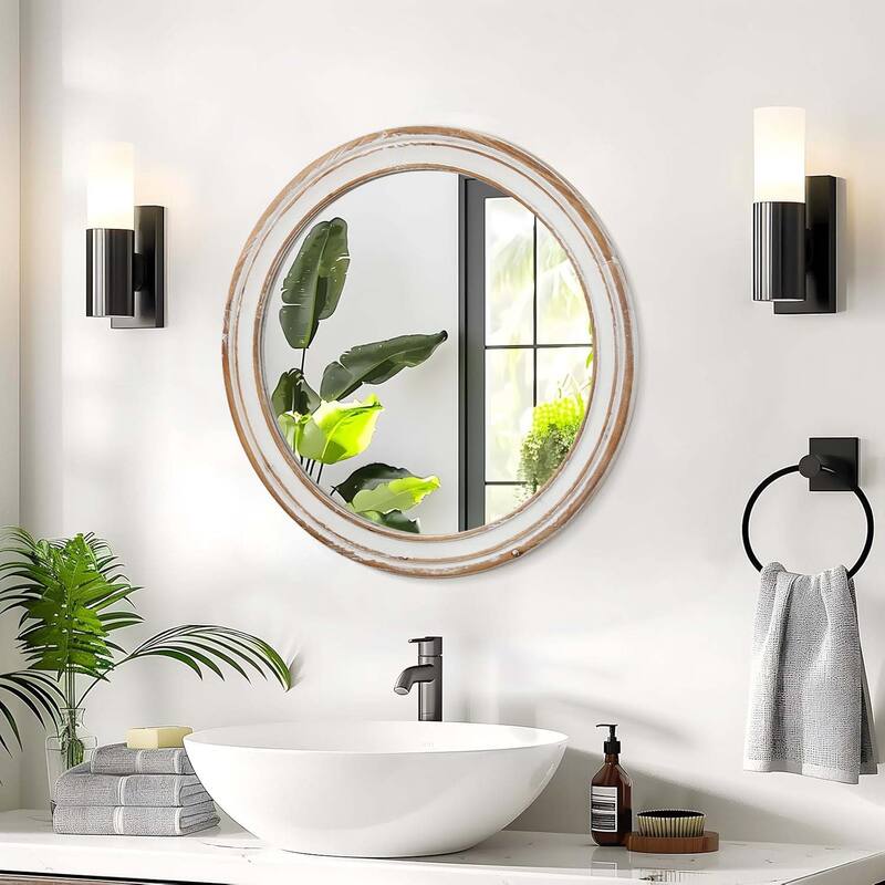 Round Wooden Farmhouse Wall Mirror - Whitewash Edge, Bathroom Vanity, Home & Office - Antique Natural