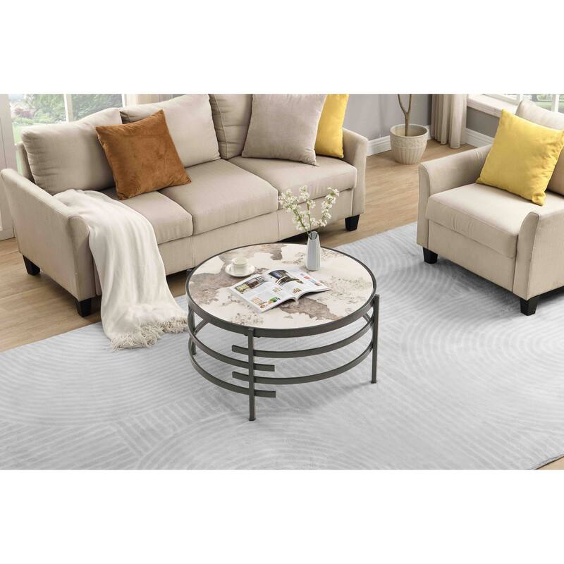 32.48''Round Coffee Table With Sintered Stone Top&Sturdy Metal Frame,Modern Coffee Table for Living Room