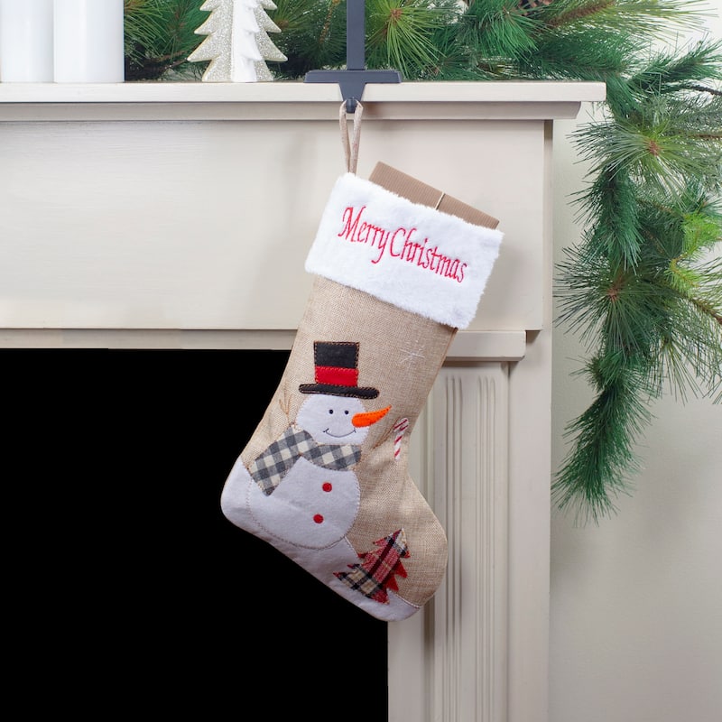 19" Beige and Red Burlap "Merry Christmas" Snowman Christmas Stocking