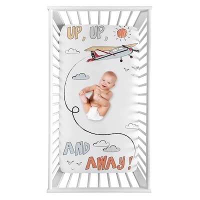 Vintage Airplane Boy Photo Op Fitted Crib Sheet - Grey Yellow Orange Red White Blue Airplanes Air Plane Transportation Clouds