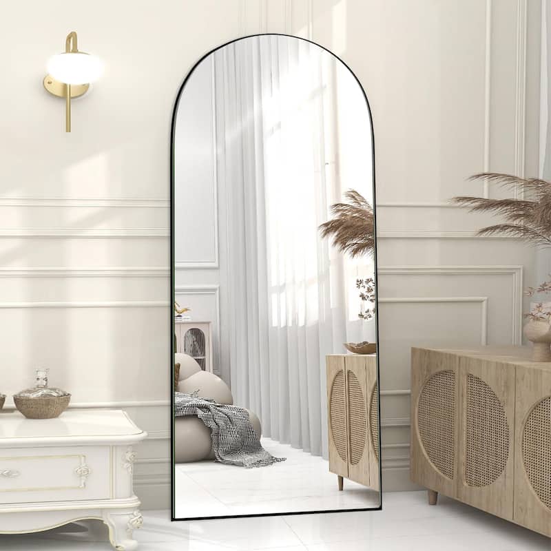 Modern Arched Full-Length Wood Floor Standing Mirror