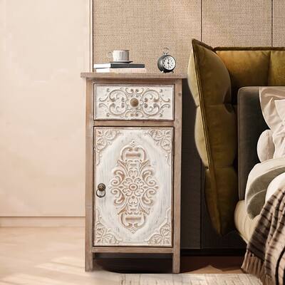 Distressed Floral Carved Wood 1-Door and 1-Drawer End Table with Storage - 30.13" H x 15.94" W x 12.32" D