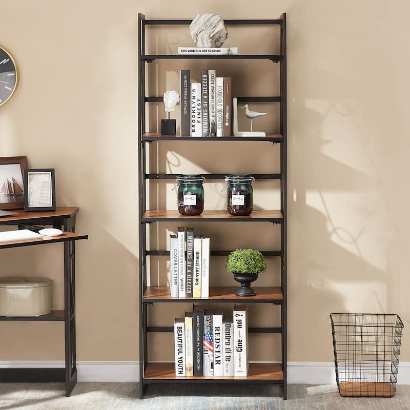 VECELO Bookshelf, 5 Shelf Folding Bookcase No Assembly, Industrial Metal Frame Shelves Rack Organizer for Living Room, Office