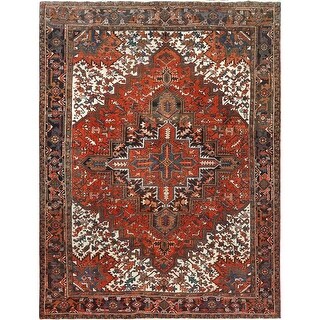 Shahbanu Rugs Red Worn Wool Hand Knotted Vintage Persian Heriz Sides ...