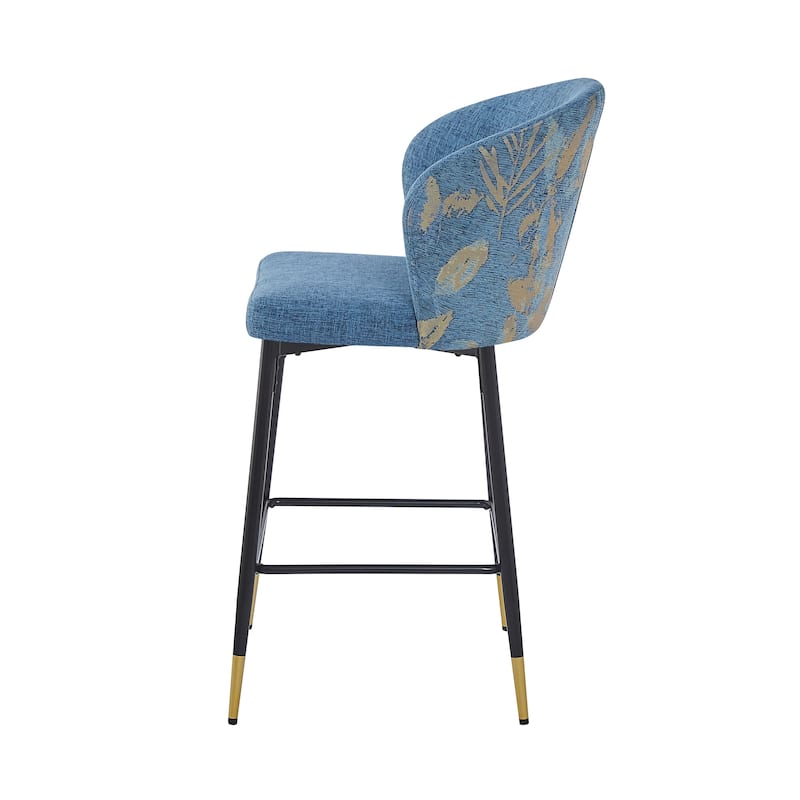 Modern Upholstered Bar Stools Set of 2, Counter Height Chairs with Sophisticated Jacquard Back and Gold Tipped Ends