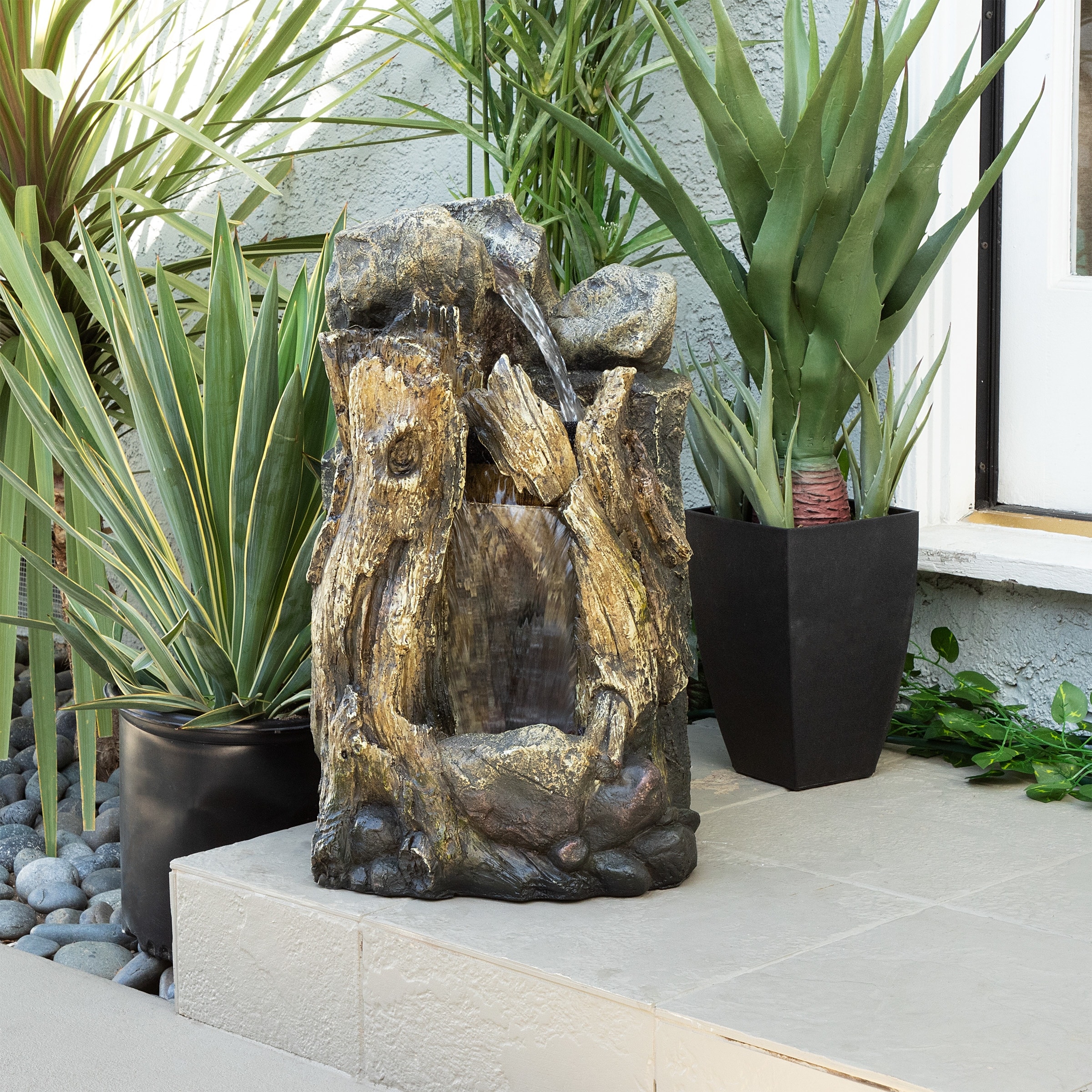 Alpine Corporation Outdoor Rainforest Tree Trunk and Stone Waterfall Fountain with LED Lights