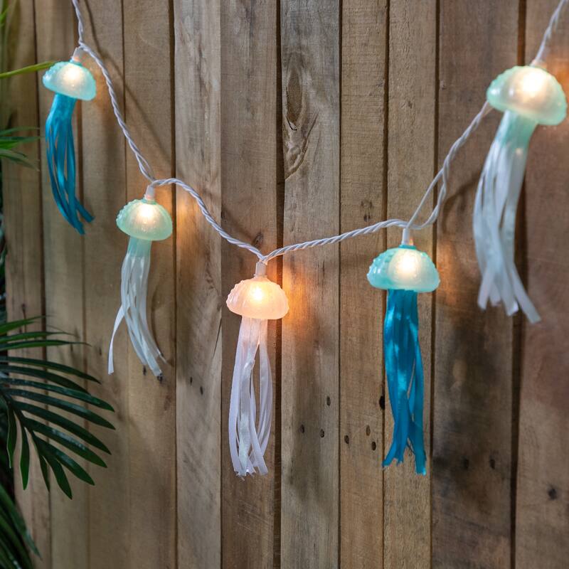 Jellyfish Patio Light Set - Blue and White - 6' White Wire - 10ct