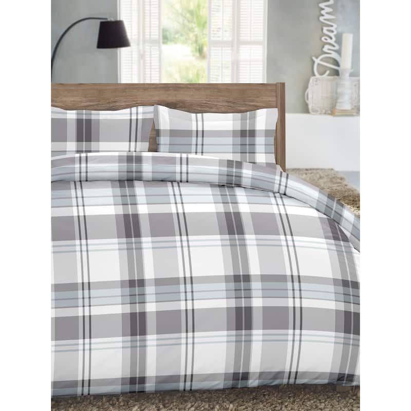 Dormisette Luxury German Flannel 3-piece Cotton Duvet Cover Set - Blue/Gray Plaid - Queen