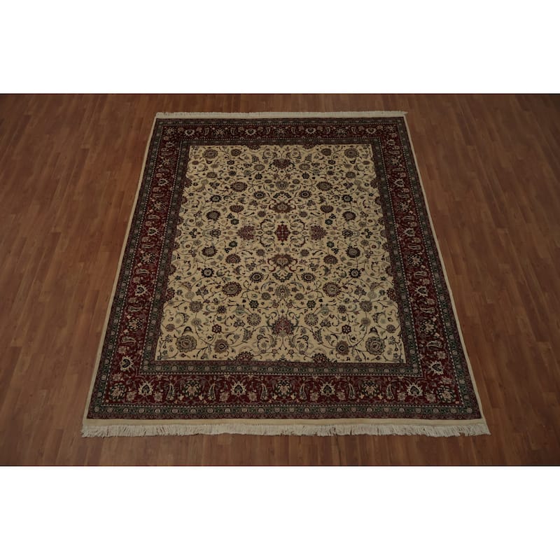 Hand Knotted Oriental 100% Wool Carpet Traditional All-Over Beige & Ivories Kashan Area Rug - 9' 10'' X 7' 11''
