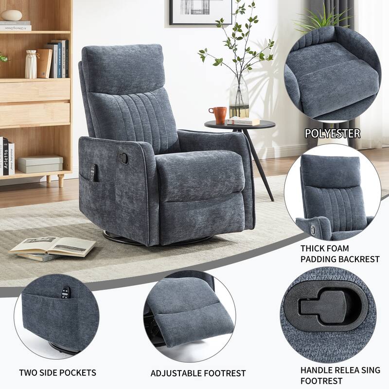 Swivel Recliner Chair with Heat & Massage, Heavy Duty Manual Recliner Chair, Glider Rocker Chair with Side Pocket