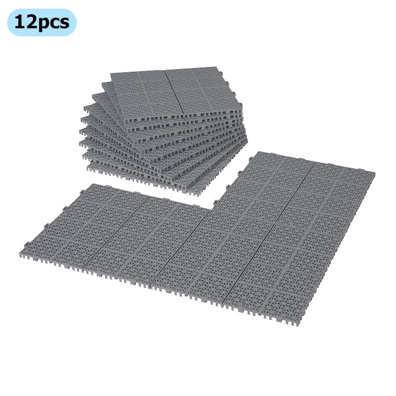1 ft. x 1 ft. All-Weather Outdoor Plastic Composite Interlocking Deck Tiles, Garage Floor Tiles, Box of 12 - Grey