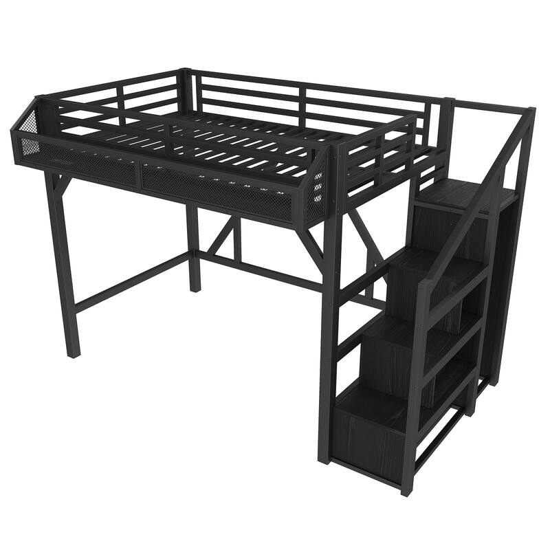 Twin XL/Twin Metal Loft Bed with Storage Stairs, Wardrobe, USB Ports & LED Lights