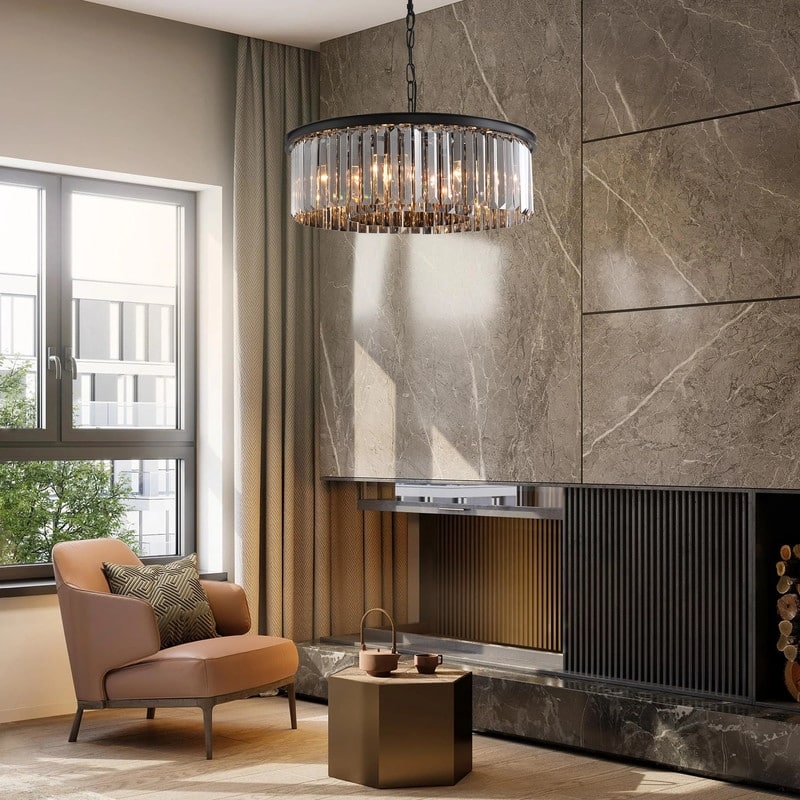 22-inch Smoky Gray Round Chandelier 2-Tier Modern Crystal Chandelier for Dining Room