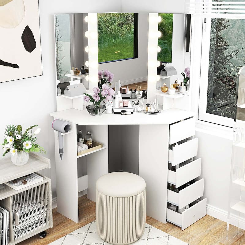 Costway Corner Vanity Desk Cosmetic Vanity Station with LED Mirror,& - See Details