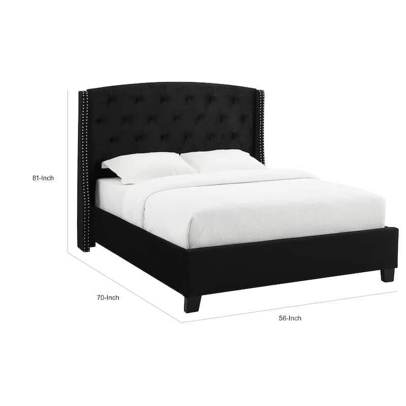 Elle Queen Size Bed, Low Profile, Black Button Tufted Upholstered Headboard