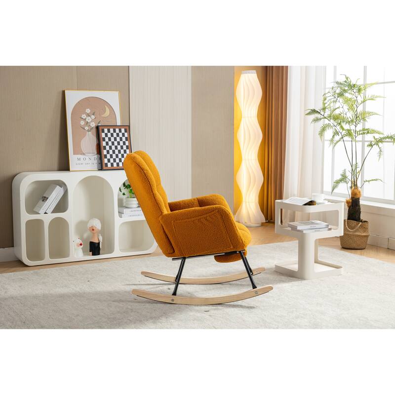 High Backrest Nursery Rocking Chair, Teddy Upholstered Glider Chair with Footrest, Recliner Chair with Solid Wood Legs