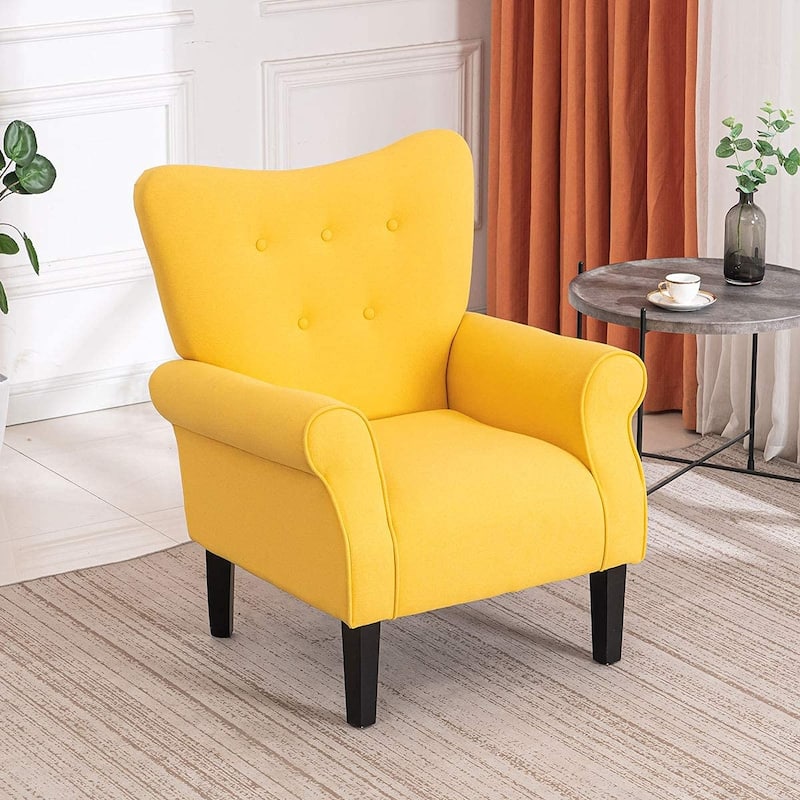 Erommy Modern Accent Chair, High Back Armchair, Upholstered Fabric Button Single Sofa with Wooden Legs for Living Room - Yellow - Solid