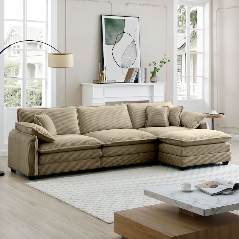 150.38" Modern L-Shaped Modular Sectional Sofa for Living Room, Corduroy Oversized 3-Seater Couch with Movable Ottoman