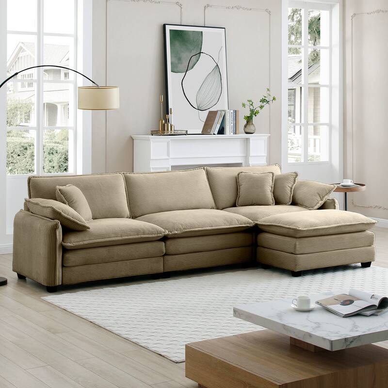4-piece Corduroy Upholstered L-Shaped Modular Sectional Sofa with Removable Ottoman, 5 Pillows, and Free Combination
