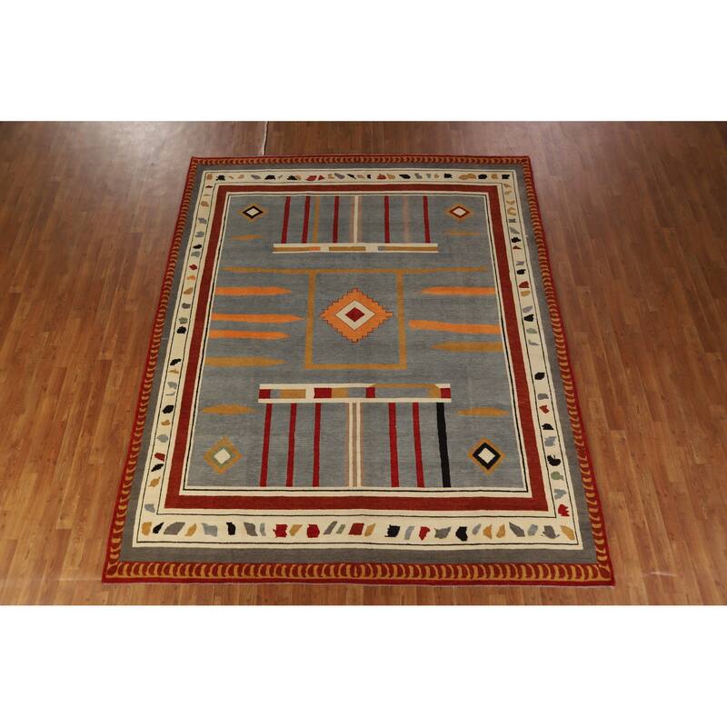 Hand Knotted Oriental 100% Wool Carpet Modern Geometric Greys & Charcoal Gabbeh Area Rug - 9' 11'' X 8' 1''
