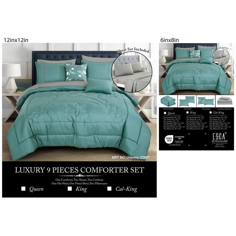 Shatex Urenna 9PC Bedding Comforter Set All-season Reversible Bed in a Bag - Queen
