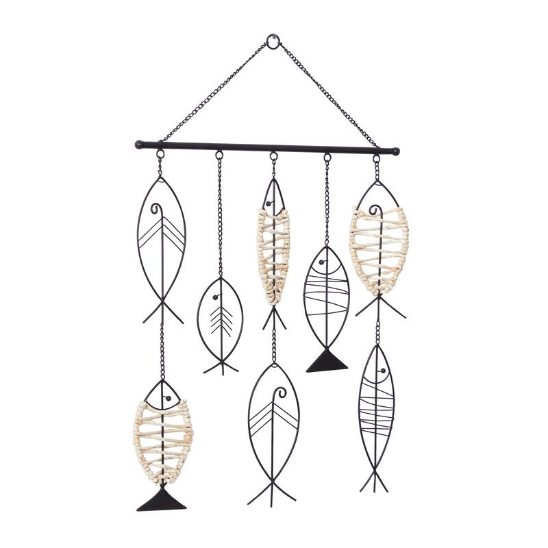 Metal Fish Indoor Outdoor Wire Wall Decor with Rattan Accents - Black - Roche River Decor