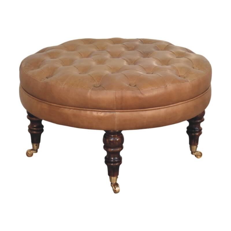 Artisan Furniture Solid Wood Brown Buffalo Leather Round Ottoman with Castor Legs