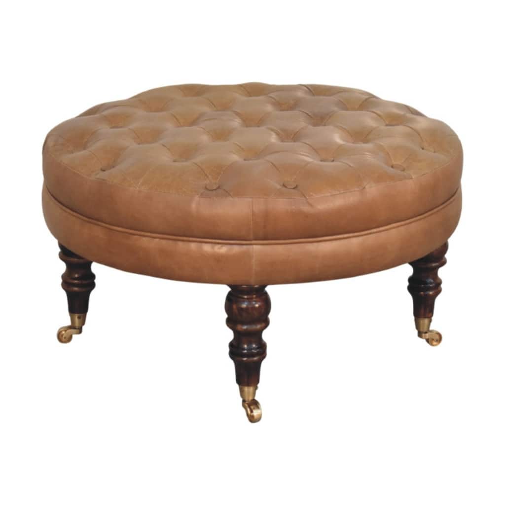 Artisan Furniture Solid Wood Brown Buffalo Leather Round Ottoman with Castor Legs