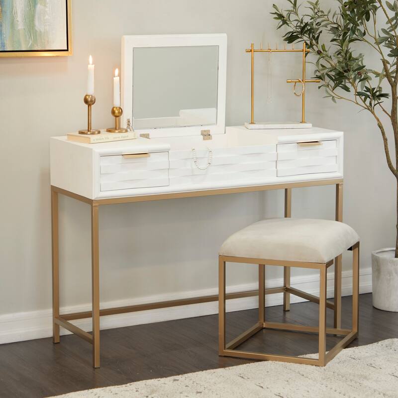 Light Gray Wood Vanity with Stool with Hidden Mirror - White