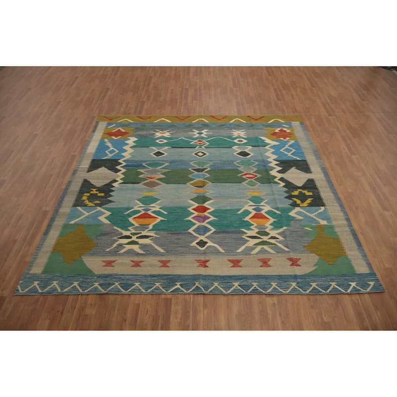 Hand Woven Oriental 100% Wool Carpet Southwestern Tribal Multi-Colored Kilim Area Rug - 9' 10'' X 9' 8''